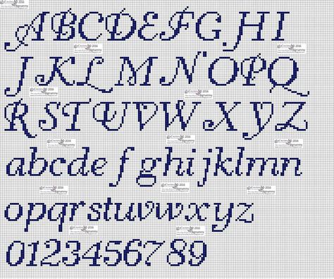 Cross Stitch Cursive is based on upper case characters 16 stitches tall and contains the upper case characters A-Z, lower case characters a-z, small numbers 0-9, ampersand, exclamation and question marks, comma, and period. . Cursive letters cross stitch